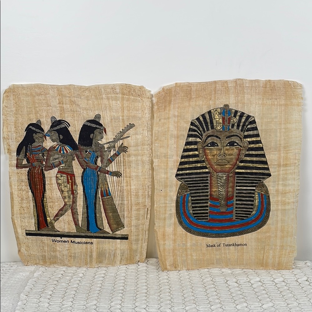 Vintage Hand Painted Papyrus Sheets Egyptian Musicians Mask of Tutankhamon Art